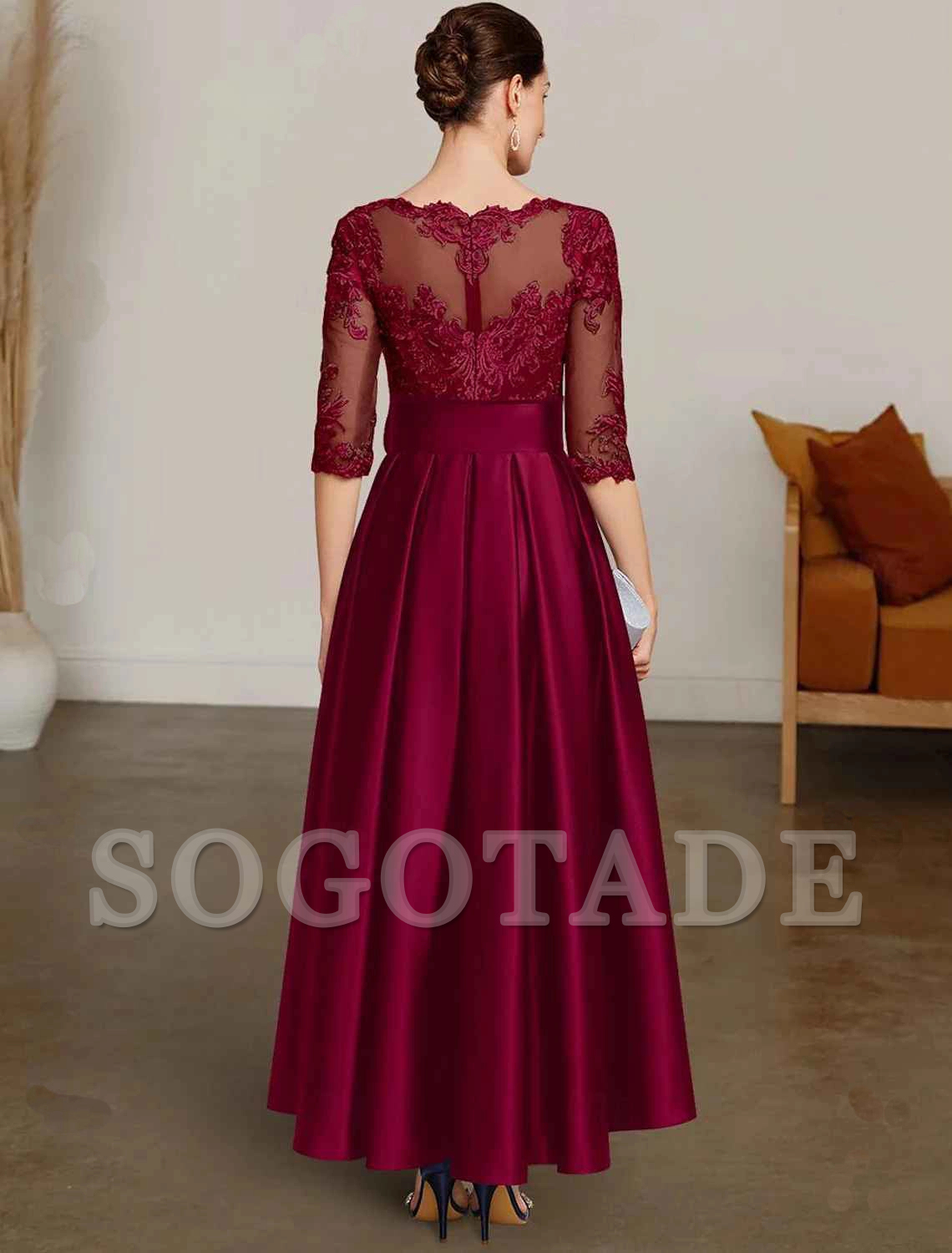 A-line Christmas dress bride's mother's dress formal wedding guests elegant high-low boat collar asymmetrical satin lace 3/4 long sleeves with lace belt/ribbon 2024-SOGOTADE
