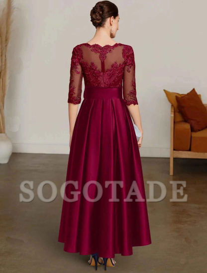 A-line Christmas dress bride's mother's dress formal wedding guests elegant high-low boat collar asymmetrical satin lace 3/4 long sleeves with lace belt/ribbon 2024-SOGOTADE
