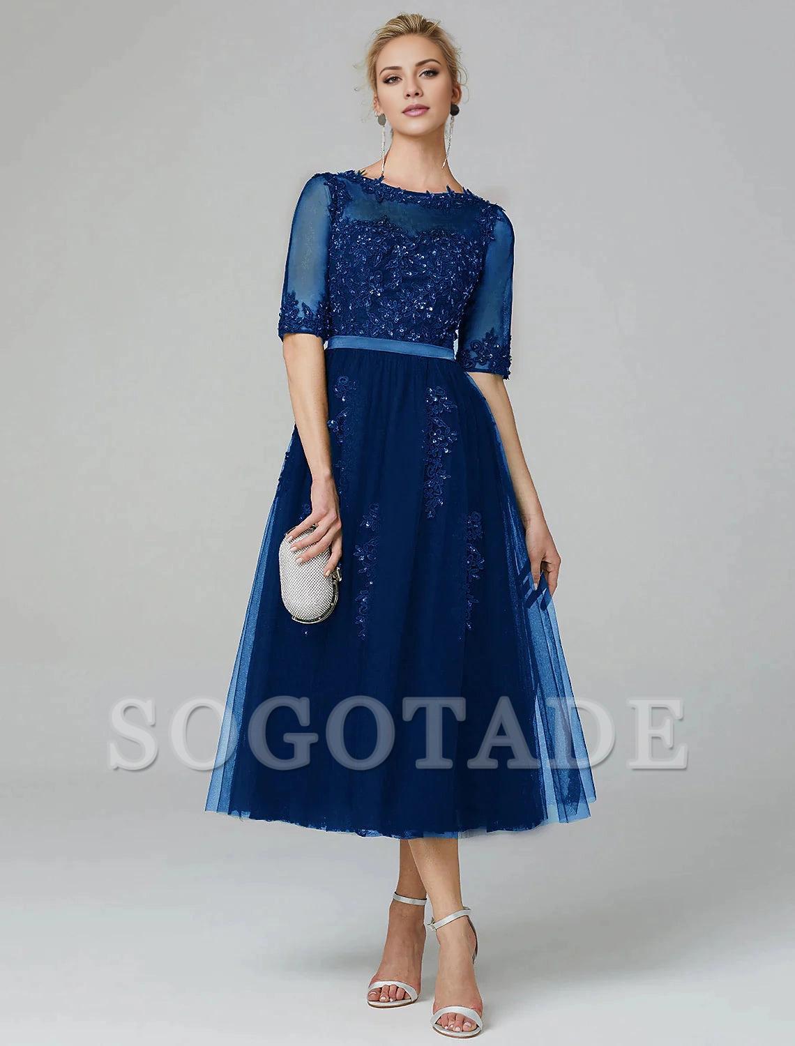 A-Line Cocktail Dress Christmas Red Green Dress Formal Evening Kentucky Derby Tea Length Sleeveless Illusion Neck Fall Wedding Guest Lace Over Tulle with Sequin Appliques-SOGOTADE