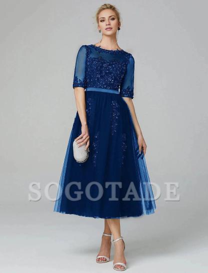 A-Line Cocktail Dress Christmas Red Green Dress Formal Evening Kentucky Derby Tea Length Sleeveless Illusion Neck Fall Wedding Guest Lace Over Tulle with Sequin Appliques-SOGOTADE