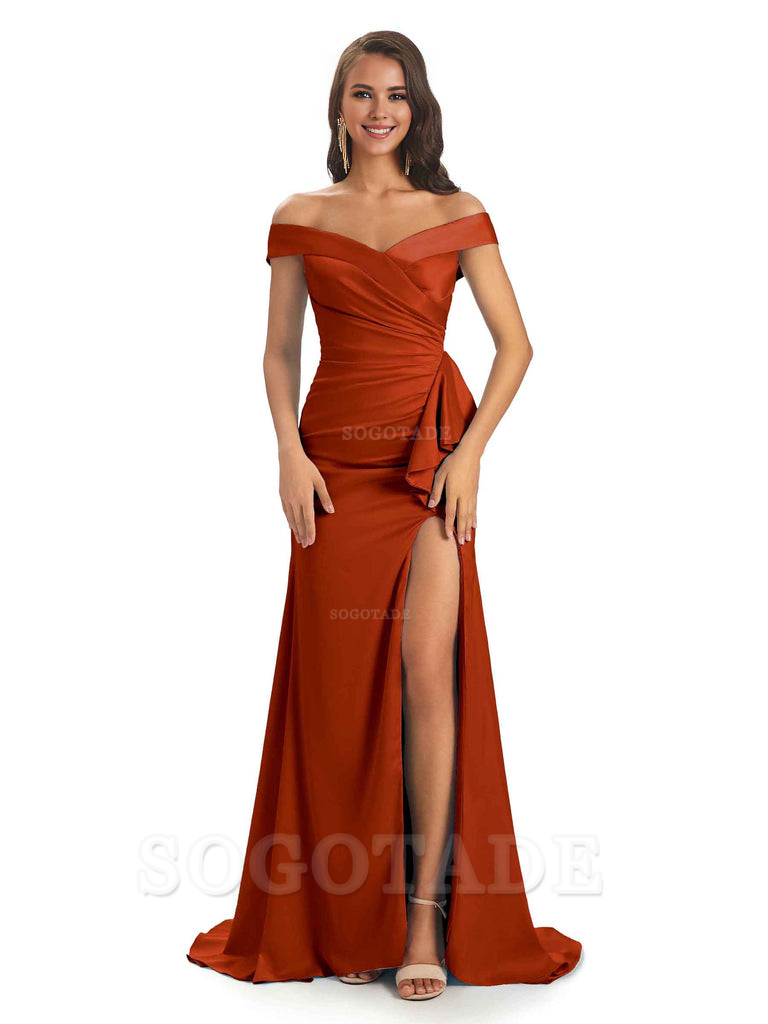 Sexy Soft Satin Side Slit Off The Shoulder Maxi Long Mermaid Bridesmaid Dresses prom shop dresses