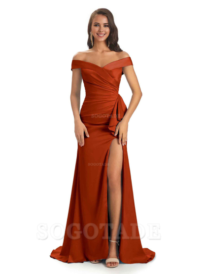 Sexy Soft Satin Side Slit Off The Shoulder Maxi Long Mermaid Bridesmaid Dresses prom shop dresses