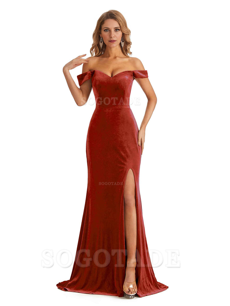 Elegant Simple Mermaid Off The Shoulder Backless Side Slit Velvet Long Charming Bridesmaid Dresses Formal Women's Dresses Wedding Guests Dresses