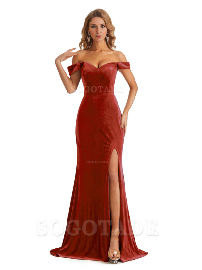 Elegant Simple Mermaid Off The Shoulder Backless Side Slit Velvet Long Charming Bridesmaid Dresses Formal Women's Dresses Wedding Guests Dresses