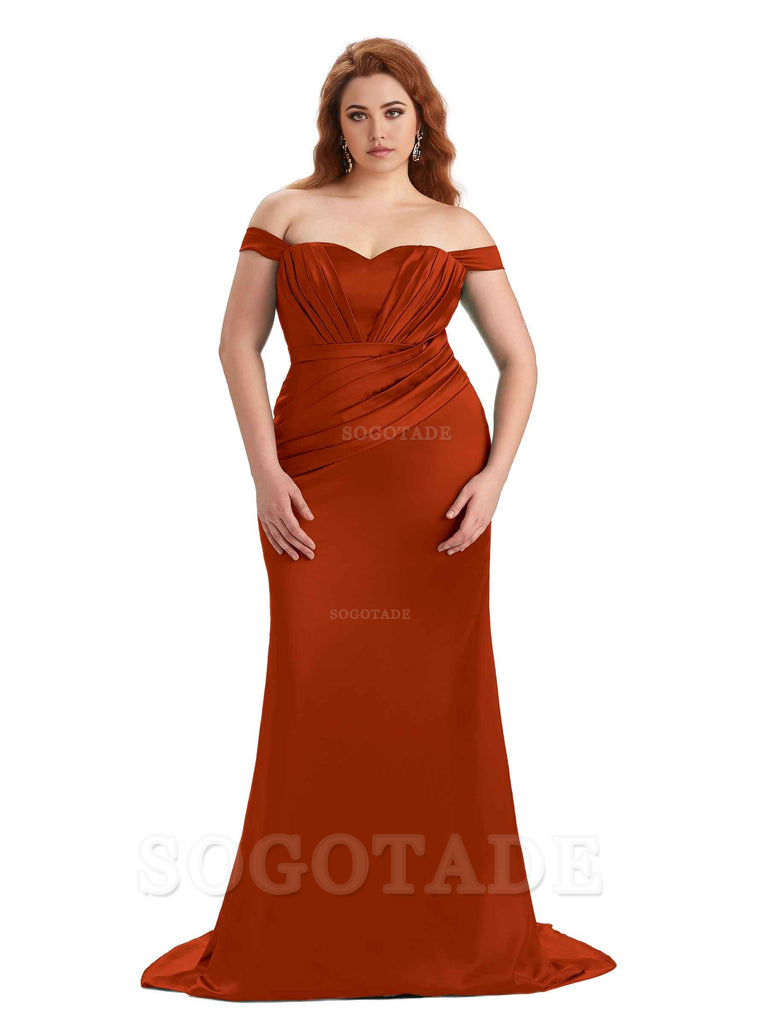Sexy Mermaid Off The Shoulder Sweetheart Soft Satin Floor Length Long Plus Size Maid of Honor Dresses