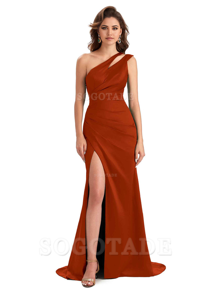 Mermaid One Shoulder Satin Sexy formal dresses evening gown Bridesmaid Dresses With Side Slit 