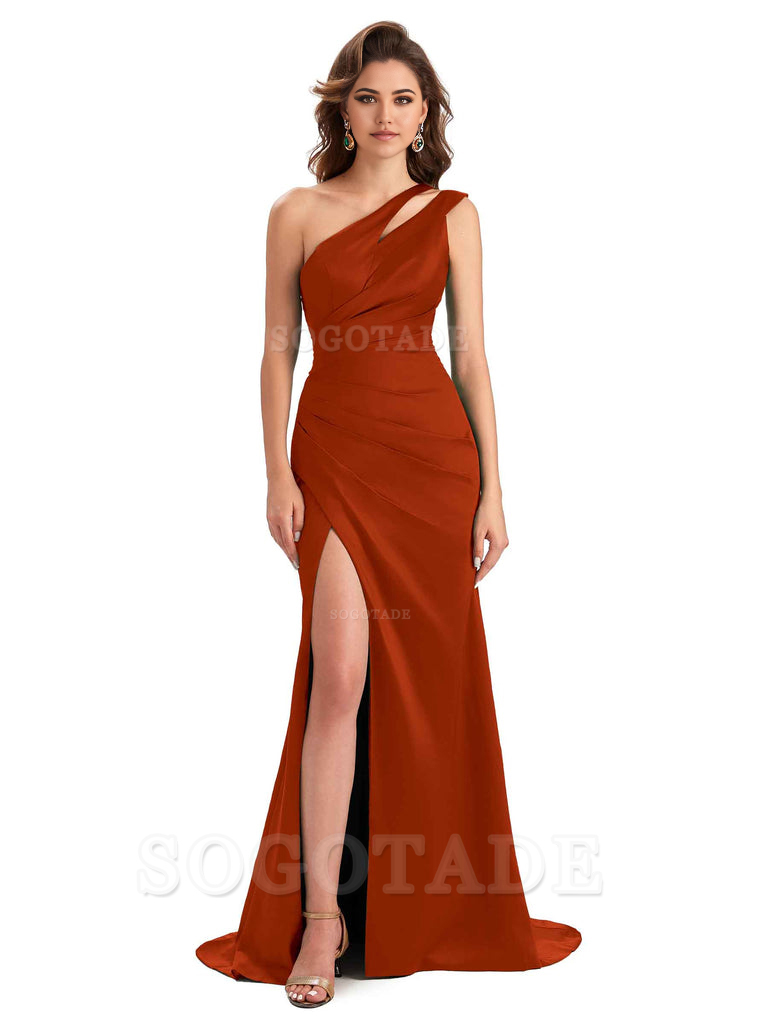 Mermaid One Shoulder Satin Sexy formal dresses evening gown Bridesmaid Dresses With Side Slit 