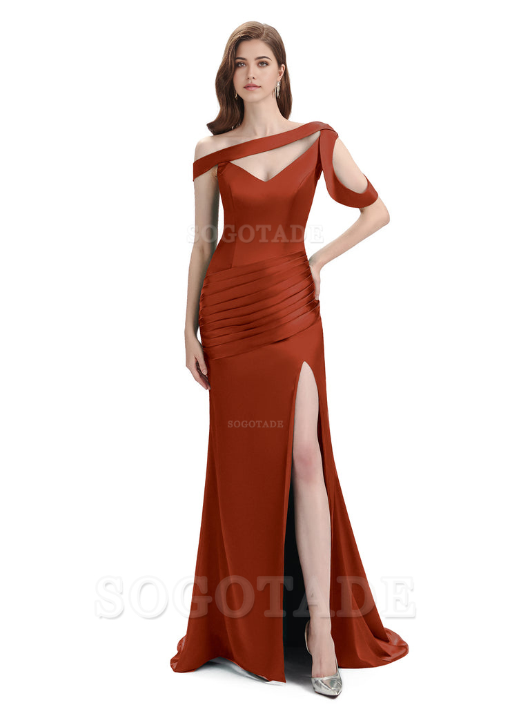 Mermaid V-Neck Satin Floor-Length formal dresses evening gown Bridesmaid Dresses With Side Slit 