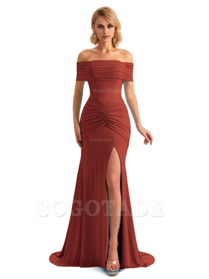 Elegant Mermaid Off The Shoulder Side Slit Stretchy Jersey Long Formal Bridesmaid Dresses
