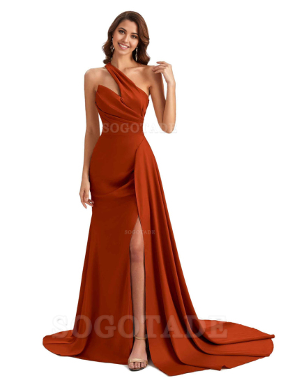 Mermaid One shoulder Satin formal dresses evening gown Bridesmaid Dresses With Side Slit 