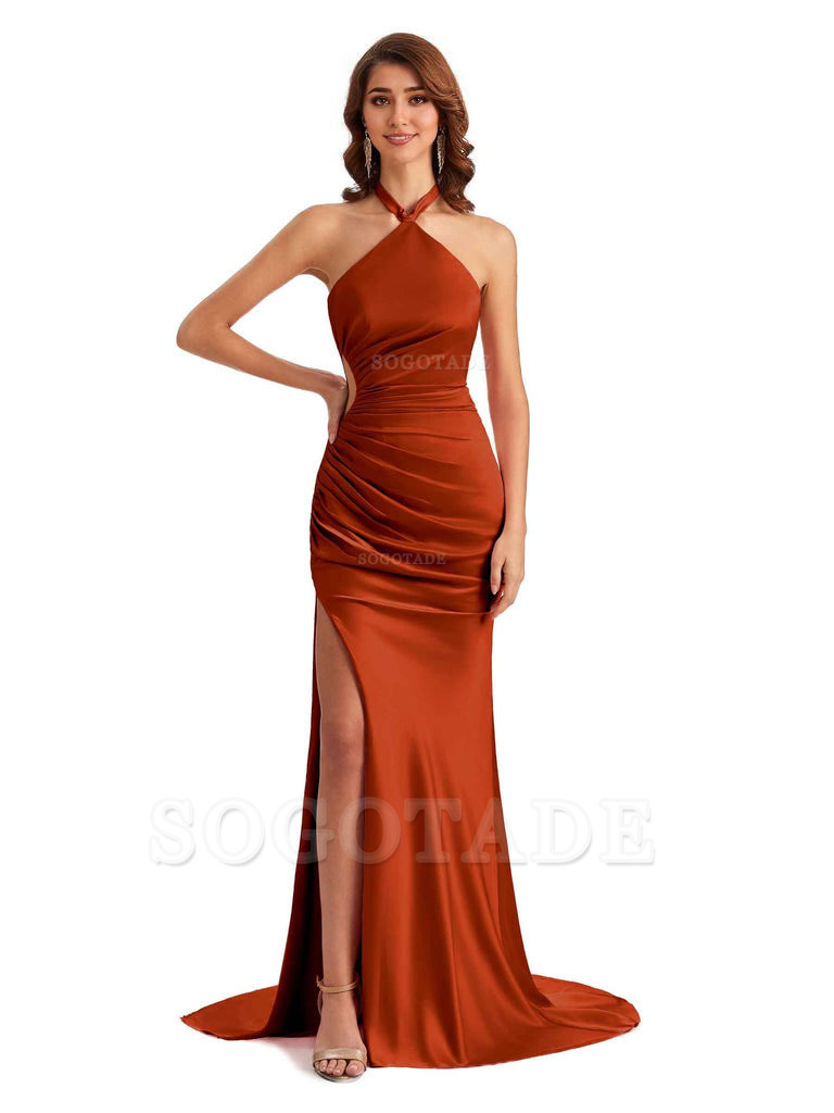 Sexy Halter Mermaid Silky Satin Unique Long Formal Wedding Guest Dresses