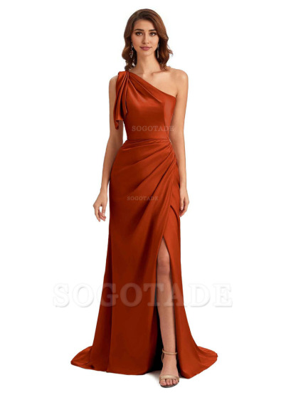 Sexy One Shoulder Mermaid Side Slit Unique Silky Satin Bridesmaid Dresses 