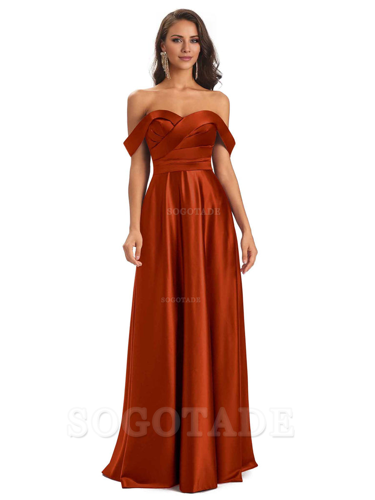 Sexy Soft Satin Off The Shoulder A-Line Long Bridesmaid Dresses Elegant Evening Party Dress