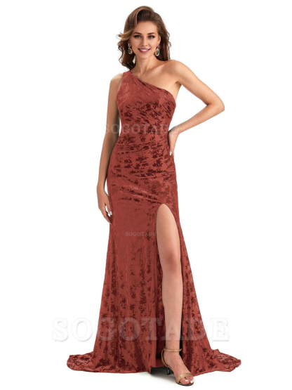 Sexy Side Slit One Shoulder Mermaid Floral Velvet Long Modern Bridesmaid Dresses