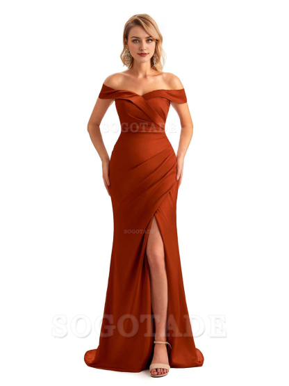 Off Shoulder Side Slit Mermaid Silky Satin Unique Long Formal Wedding Guest Dresses Online