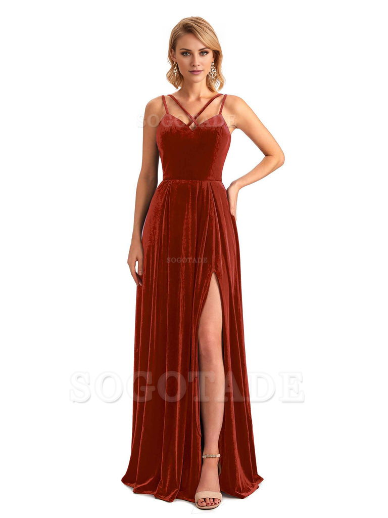 Sexy Side Slit Spaghetti Straps Unique Velvet Long Bridesmaid Dresses Online
