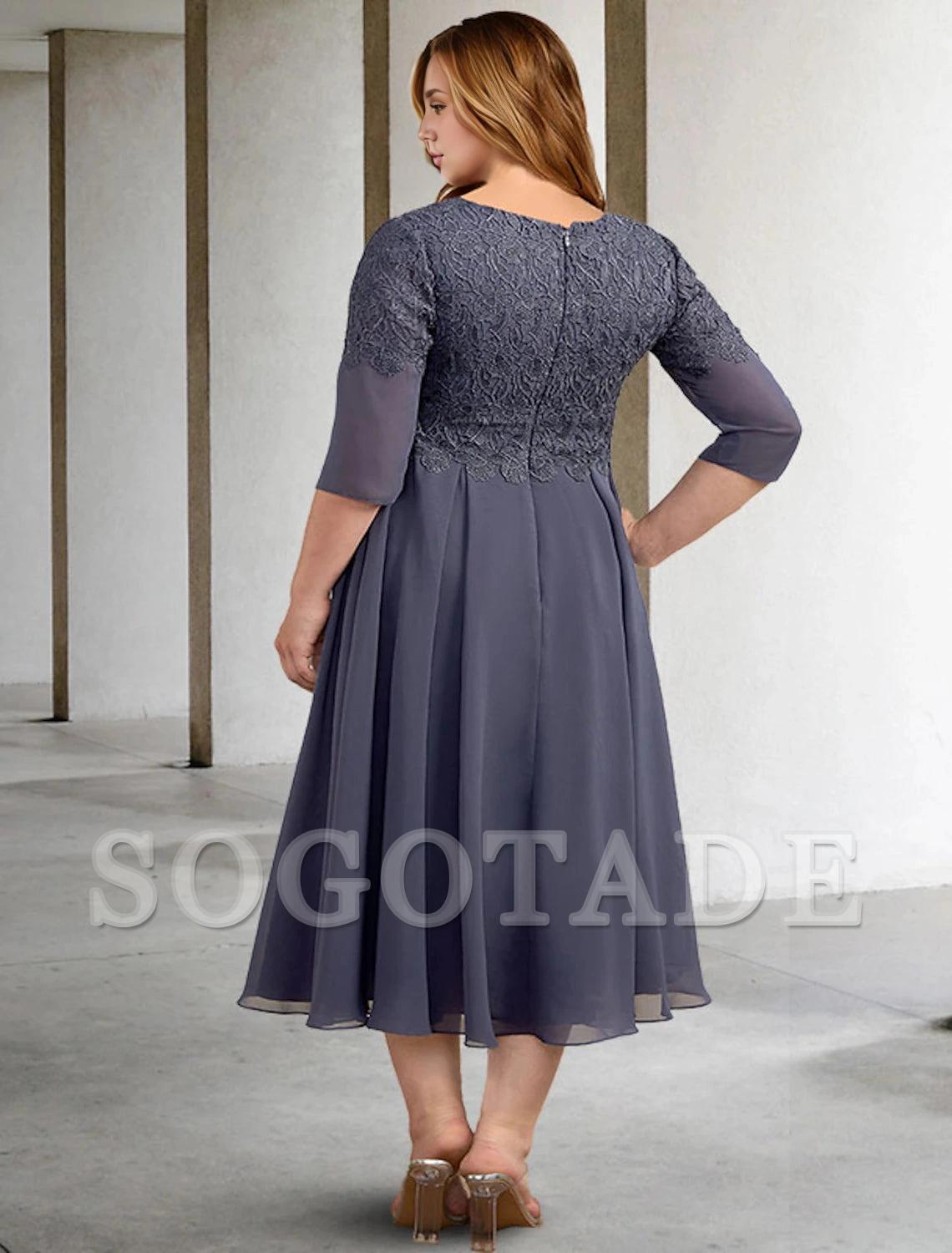 A-Line Plus Size Curve Mother of the Bride Dresses Elegant Dress Formal Wedding Guest Tea Length Half Sleeve V Neck Chiffon with Buttons Appliques
