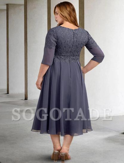 A-Line Plus Size Curve Mother of the Bride Dresses Elegant Dress Formal Wedding Guest Tea Length Half Sleeve V Neck Chiffon with Buttons Appliques