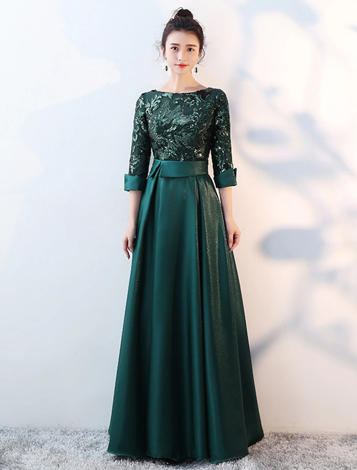 A-Line Bridesmaid Dress Jewel Neck Long Sleeve Beautiful Back Floor Length Satin / Tulle / Sequined with Sash / Ribbon / Pleats-SOGOTADE