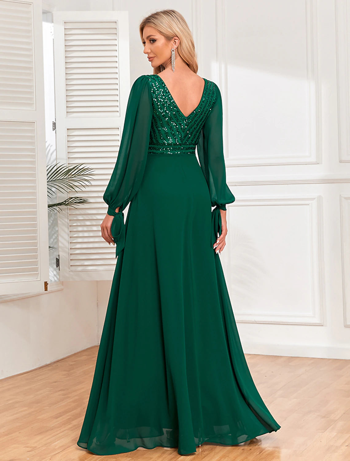 A-Line Evening Gown Empire Dress Evening Party Wedding Reception Floor Length Long Sleeve V Neck Fall Wedding Guest Chiffon V Back with Sequin-SOGOTADE