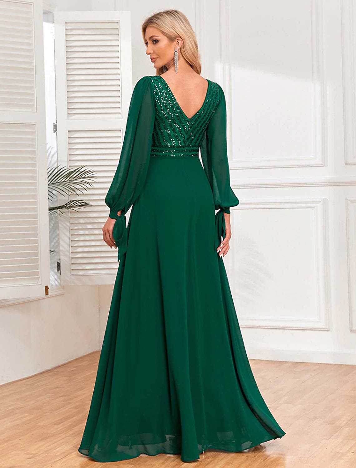 A-Line Evening Gown Empire Dress Evening Party Wedding Reception Floor Length Long Sleeve V Neck Fall Wedding Guest Chiffon V Back with Sequin-SOGOTADE