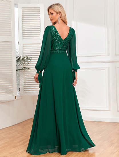 A-Line Evening Gown Empire Dress Evening Party Wedding Reception Floor Length Long Sleeve V Neck Fall Wedding Guest Chiffon V Back with Sequin-SOGOTADE