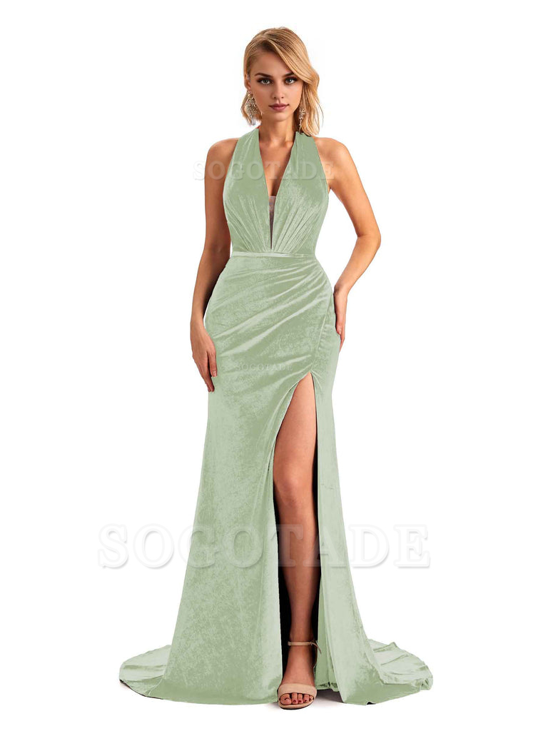 Sexy Deep V Neck Backless Mermaid Halter Side Slit Velvet Long Bridesmaid Dresses Online