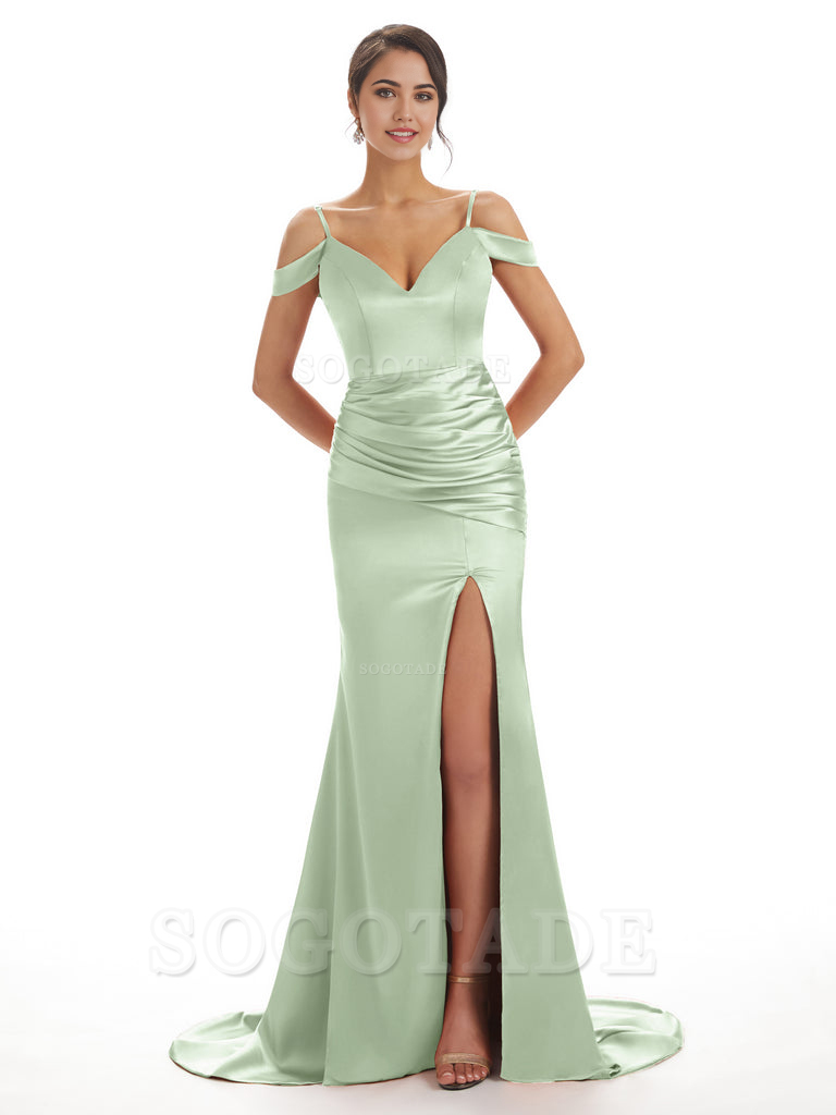 Mermaid Off The Shoulder Satin formal dresses evening gown Bridesmaid Dresses With Side Slit 