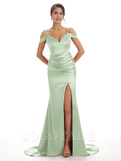 Mermaid Off The Shoulder Satin formal dresses evening gown Bridesmaid Dresses With Side Slit 