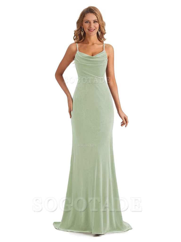 Elegant High Quality Mermaid Spaghetti Straps Cowl Velvet Side Slit Long Exquisite Bridesmaid Dresses Formal Women's Dresses Wedding Guests Dresses