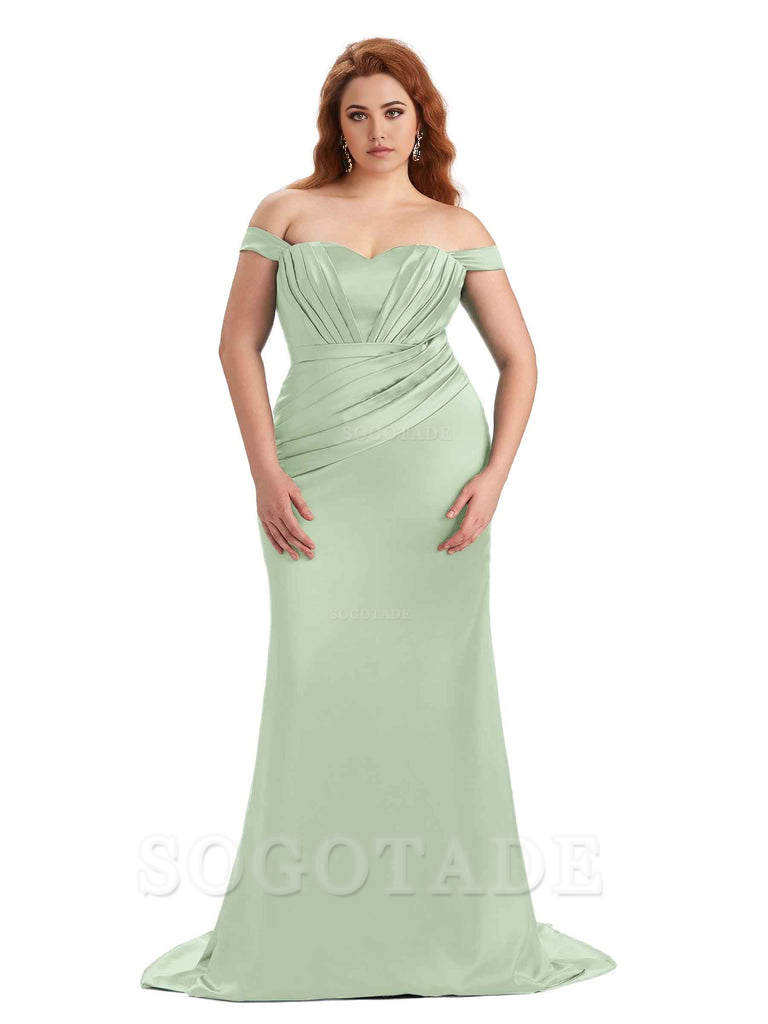 Sexy Mermaid Off The Shoulder Sweetheart Soft Satin Floor Length Long Plus Size Maid of Honor Dresses