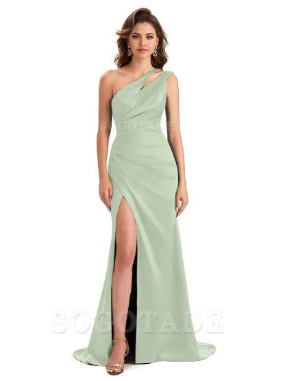 Mermaid One Shoulder Satin Sexy formal dresses evening gown Bridesmaid Dresses With Side Slit 