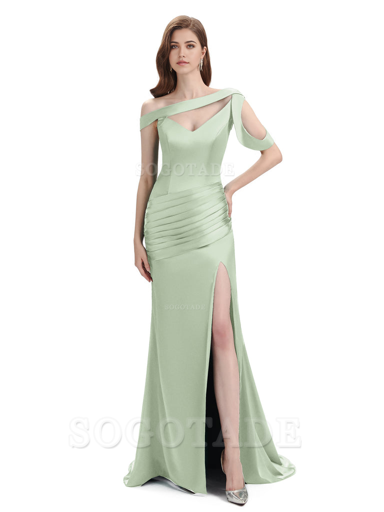 Mermaid V-Neck Satin Floor-Length formal dresses evening gown Bridesmaid Dresses With Side Slit 