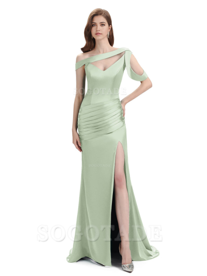Mermaid V-Neck Satin Floor-Length formal dresses evening gown Bridesmaid Dresses With Side Slit 