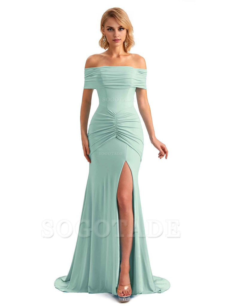 Elegant Mermaid Off The Shoulder Side Slit Stretchy Jersey Long Formal Bridesmaid Dresses