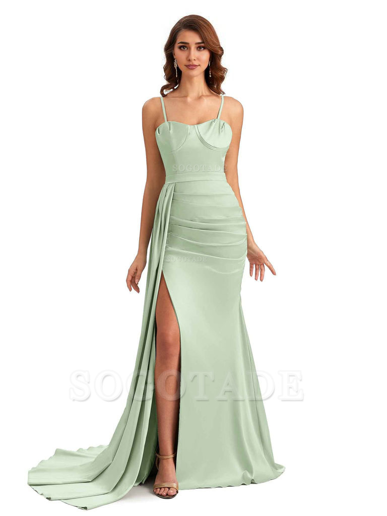 Sexy Spaghetti Straps Side Slit Mermaid Unique Long Bridesmaid Dresses In Satin
