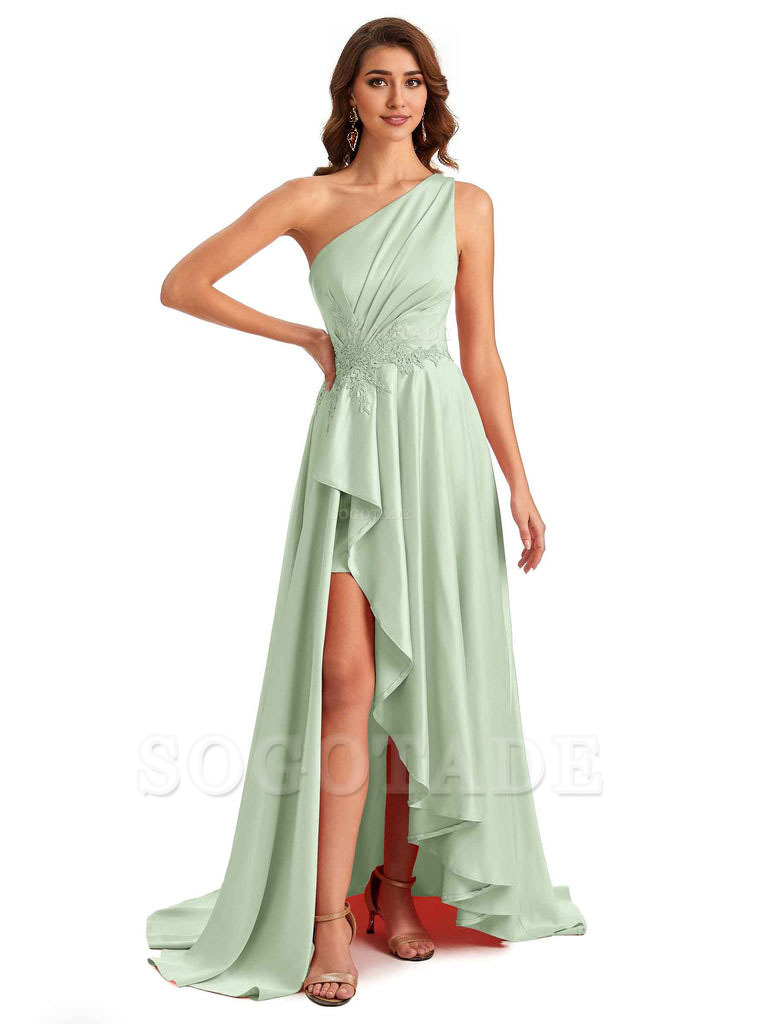 Sexy One Shoulder A-Line High Low Silky Satin Lace Long Formal Wedding Guest Dresses