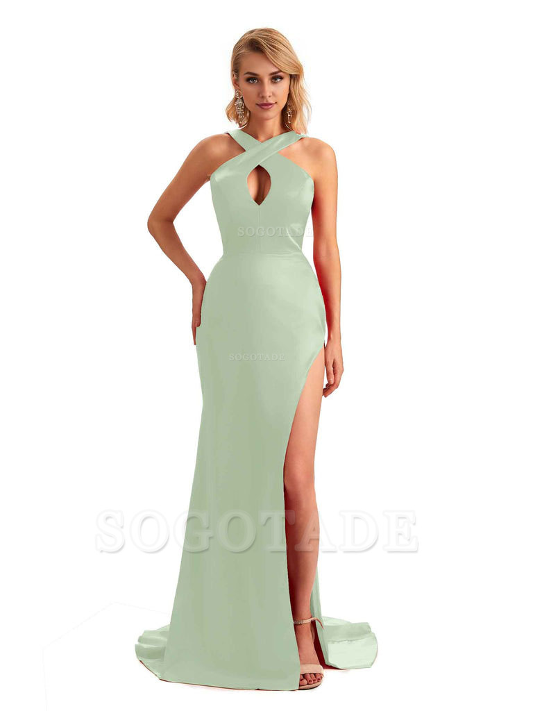 Sexy Side Slit Halter Mermaid Silky Satin Unique Long Formal Wedding Bridesmaid Dresses