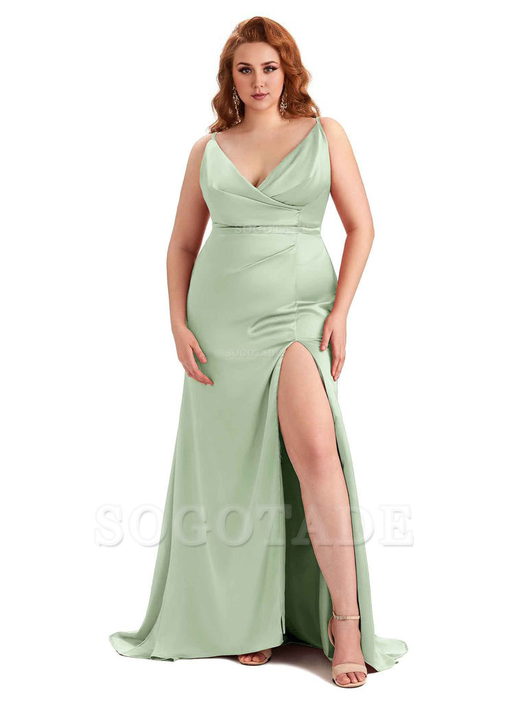 Sexy Side Slit Spaghetti Straps Mermaid Soft Satin Fashion Bridesmaid Dresses
