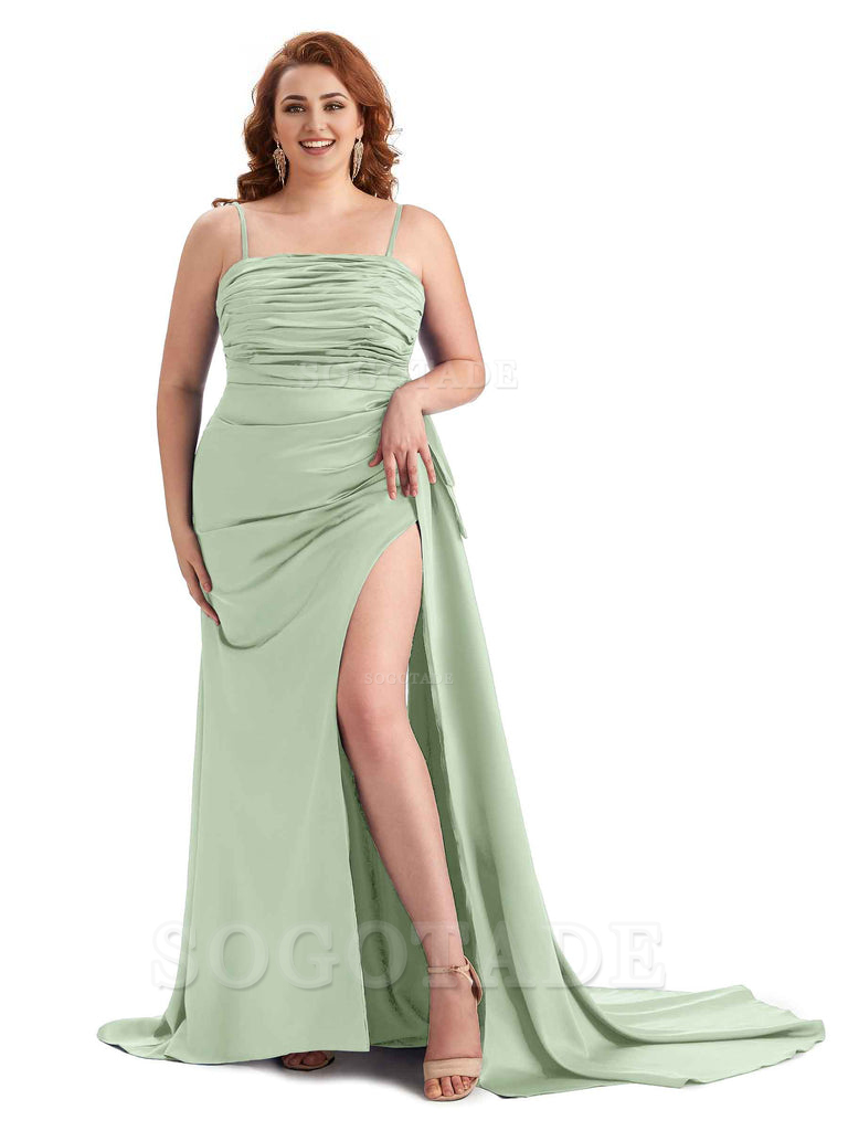 Sexy Side Slit Spaghetti Straps Mermaid Soft Satin Long Plus Size Bridesmaid Dresses Online