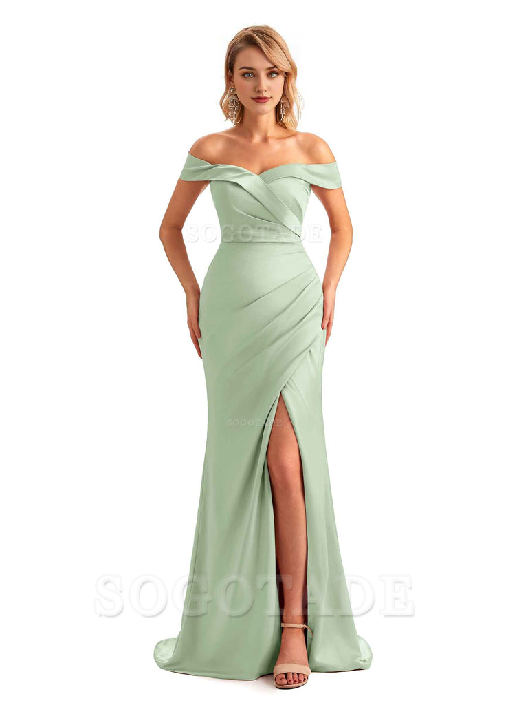 Off Shoulder Side Slit Mermaid Silky Satin Unique Long Formal Wedding Guest Dresses Online