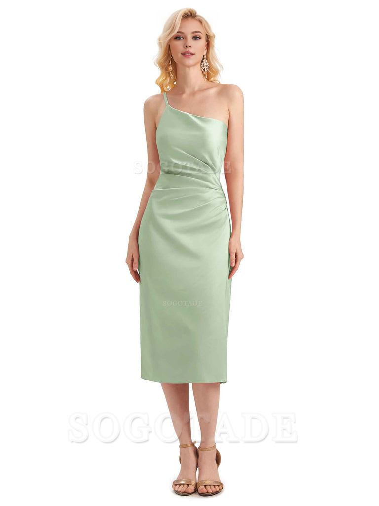 Sexy Soft Satin Side Slit One Shoulder Satin Midi Bridesmaid Dresses Online