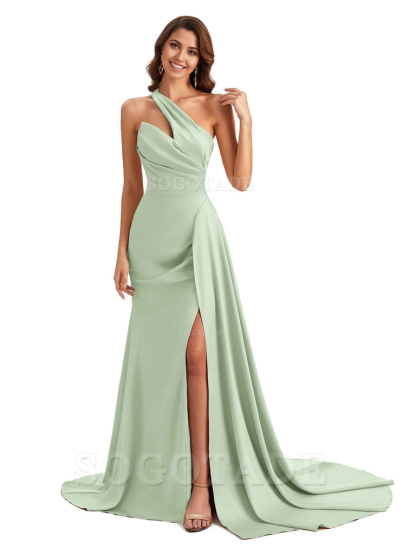 Mermaid One shoulder Satin formal dresses evening gown Bridesmaid Dresses With Side Slit 