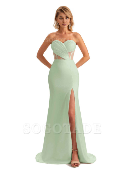 Sexy Sweetheart Strapless Side Slit Mermaid Soft Satin Unique Long Bridesmaid Dress For Wedding