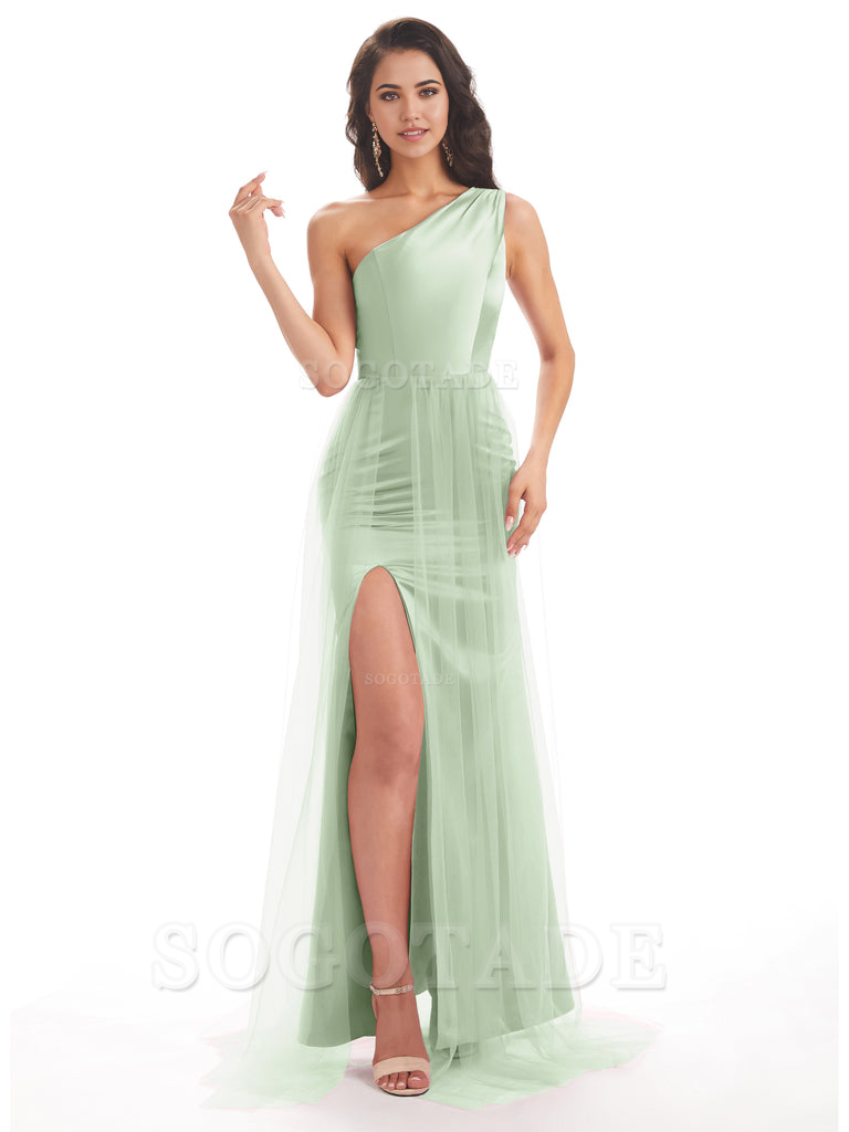 Mermaid One Shoulder Satin Side Slit Tulle formal dresses evening gown Bridesmaid Dresses