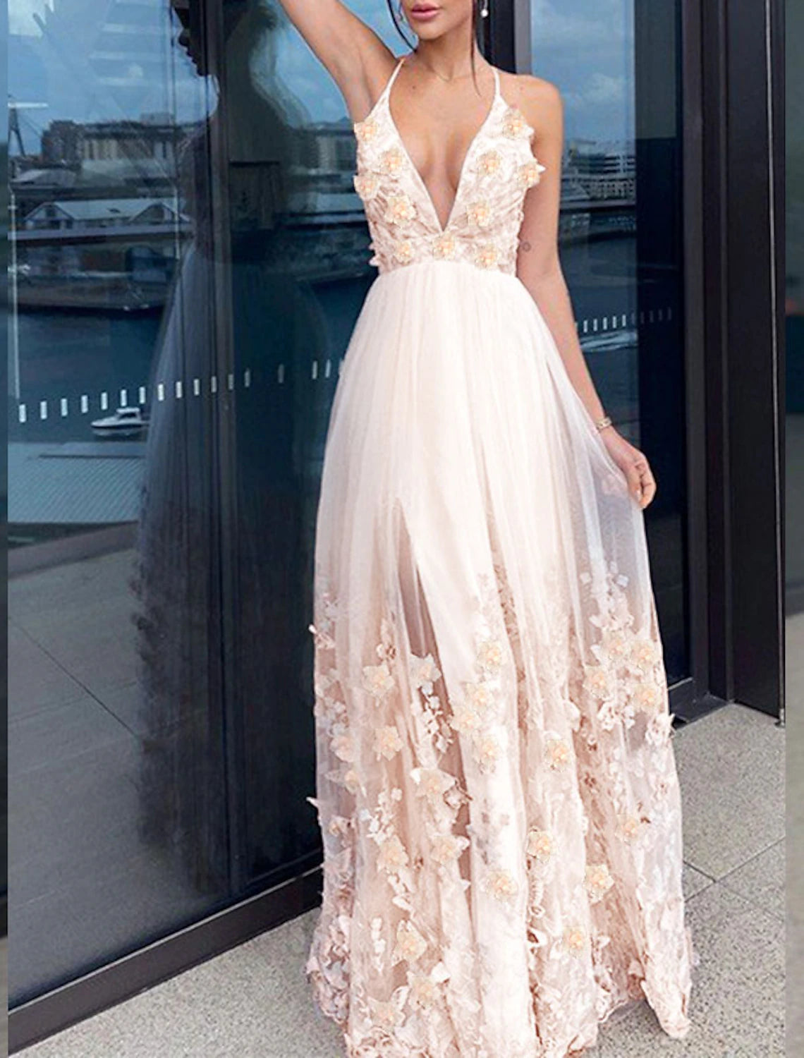 A-Line Evening Gown Party Dress Floral Dress Homecoming Wedding Guest Floor Length Short Sleeve V Neck Tulle with Draping Appliques-SOGOTADE