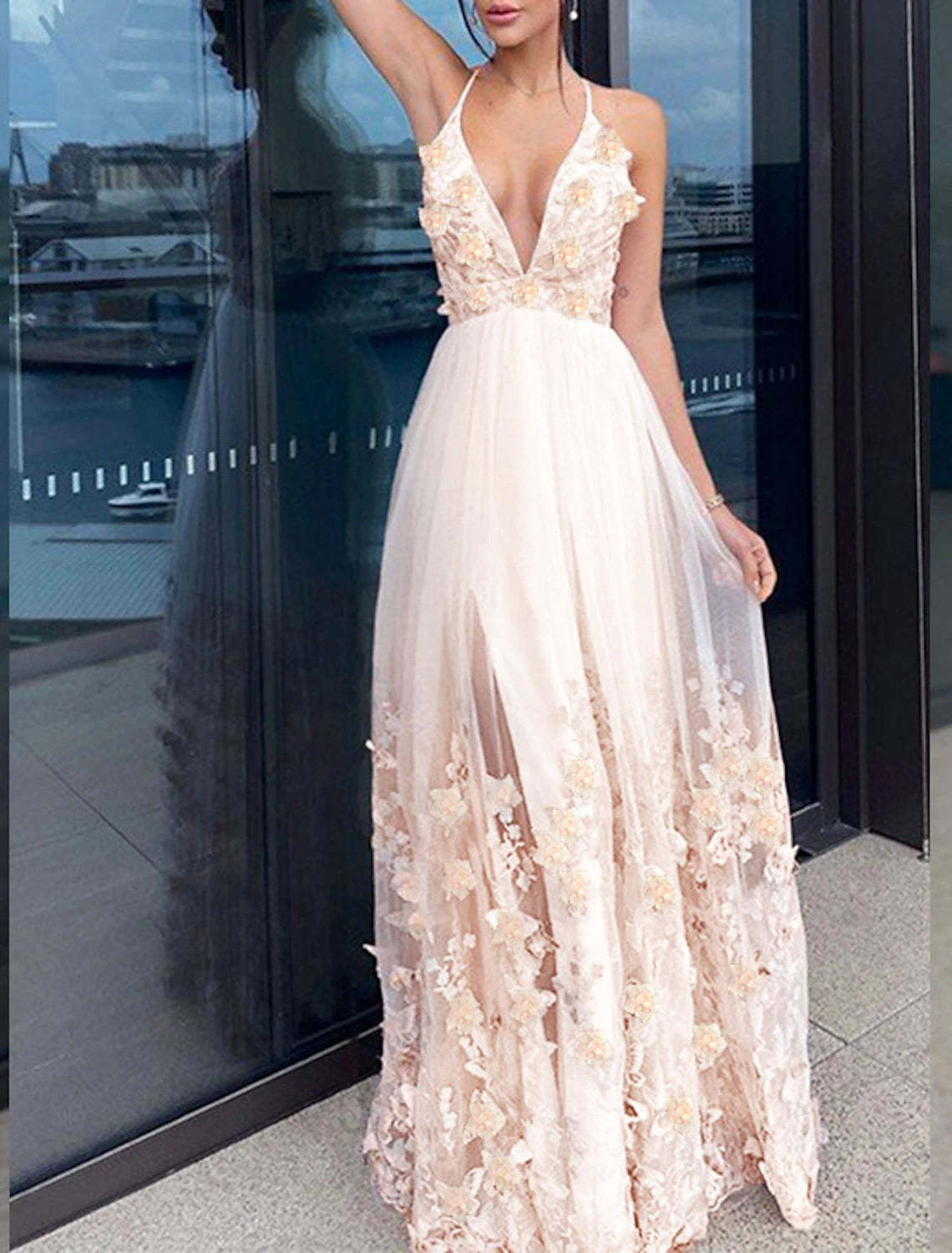 A-Line Evening Gown Party Dress Floral Dress Homecoming Wedding Guest Floor Length Short Sleeve V Neck Tulle with Draping Appliques-SOGOTADE