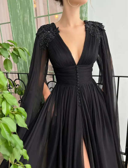 A-Line Evening Gown Black Dress Plus Size Formal Masquerade Court Train Long Sleeve V Neck Wednesday Addams Family Chiffon with Buttons Slit Appliques 2024-SOGOTADE