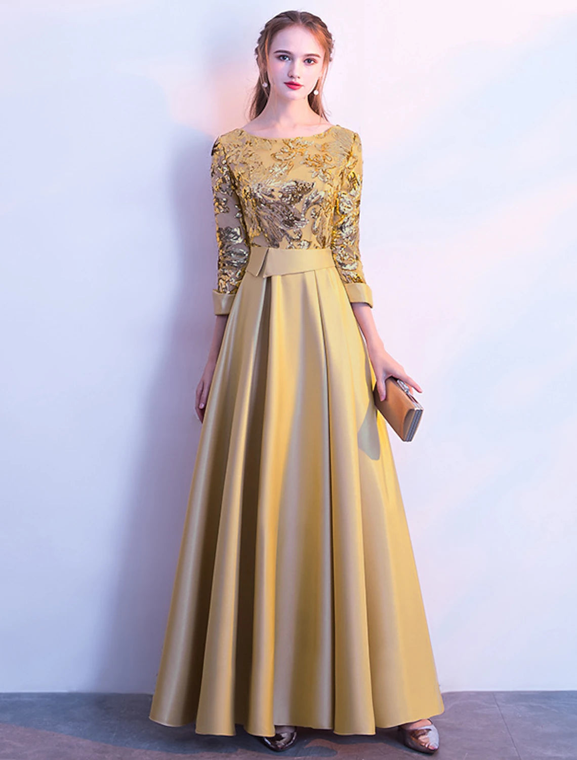A-Line Bridesmaid Dress Jewel Neck Long Sleeve Beautiful Back Floor Length Satin / Tulle / Sequined with Sash / Ribbon / Pleats-SOGOTADE