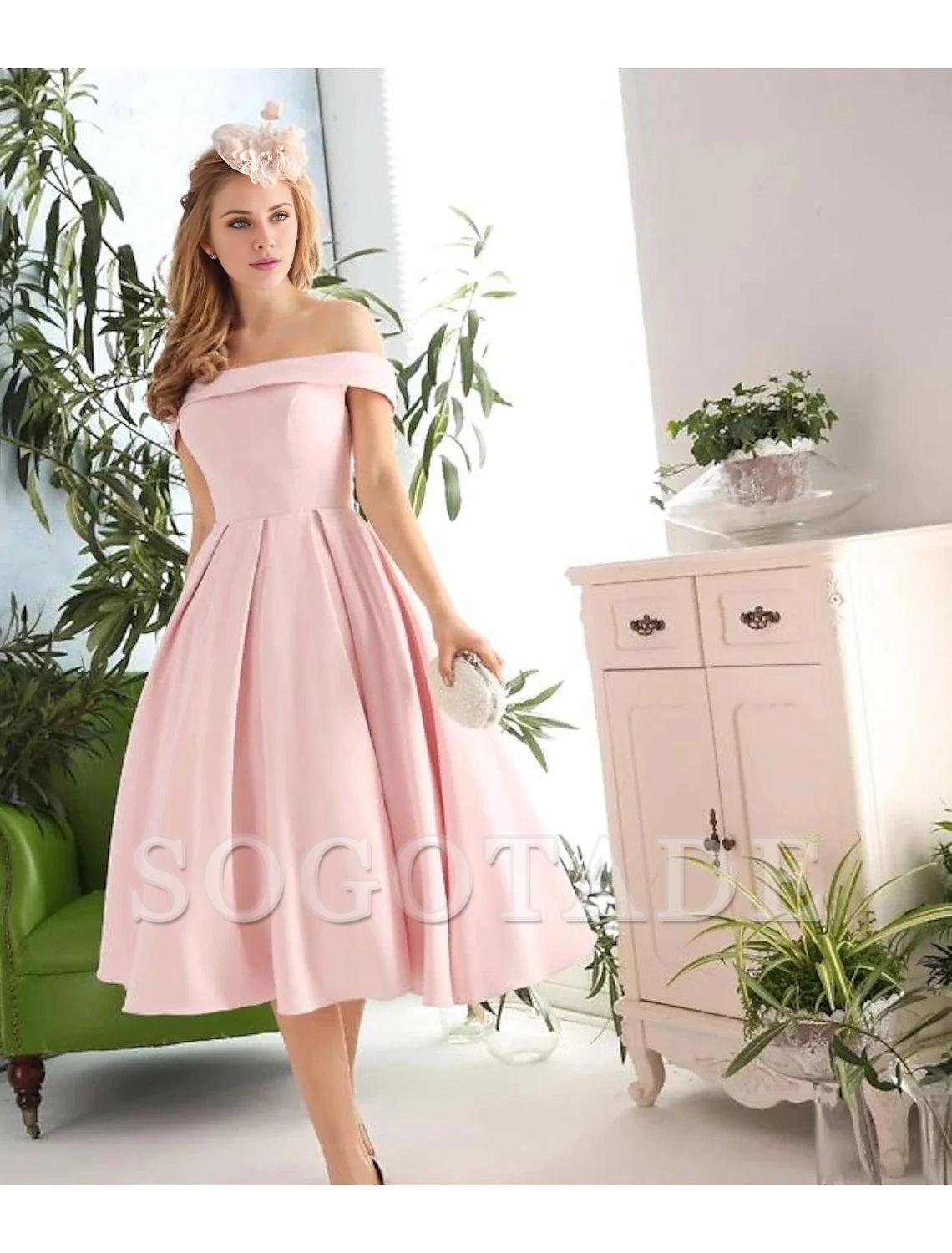 A-Line Cocktail Dresses Vintage Dress Engagement Cocktail Party Tea Length Sleeveless Off Shoulder Stretch Fabric with Pleats-SOGOTADE